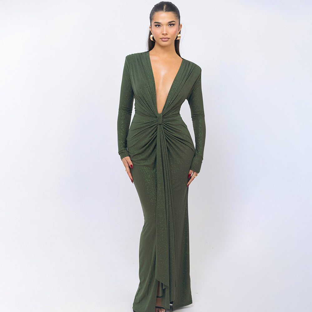 Damen bodenlanges glamouröses Kleid mit tiefem V-Ausschnitt und raffinierten Drapierungen WOLFF