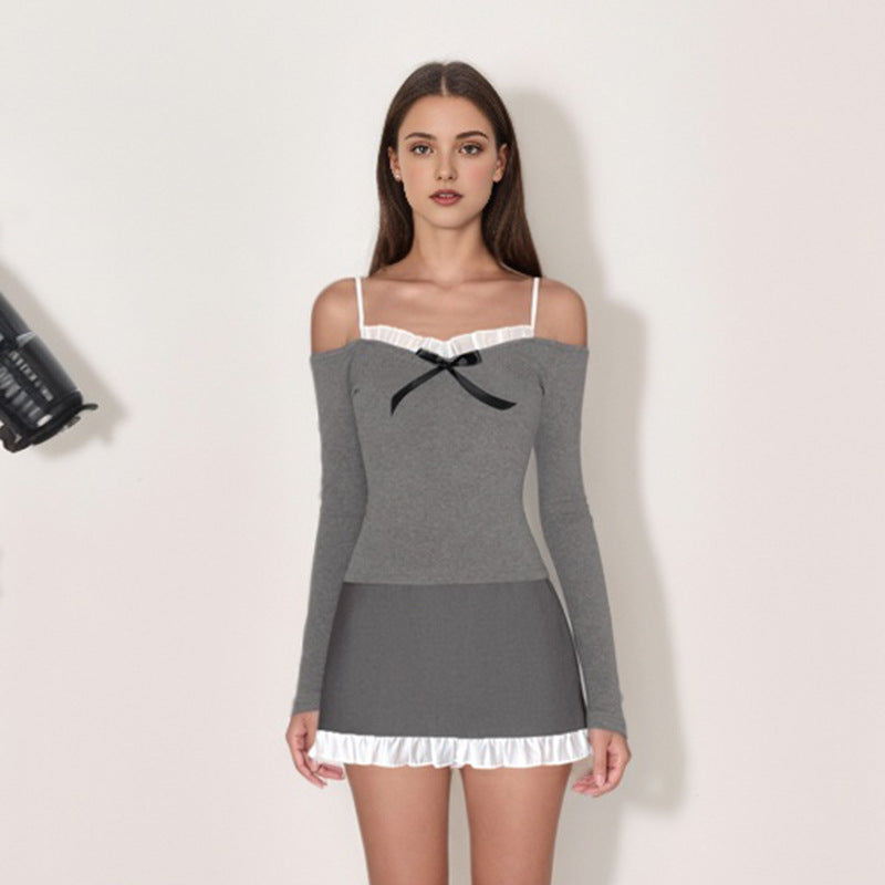 Damen Off-Shoulder Langarmshirt mit Rüschendetail und Schleife WOLFF