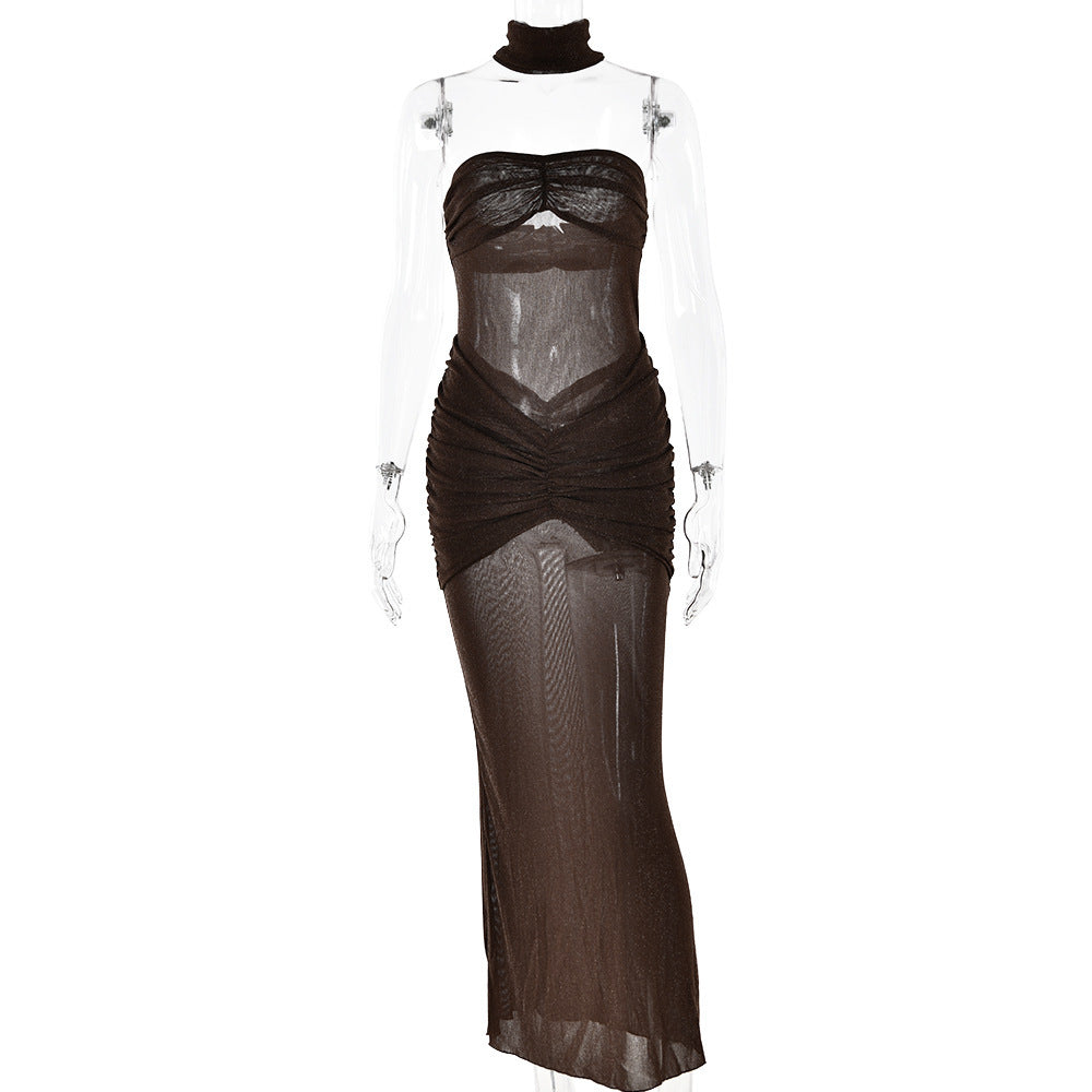 Damen Transparentes Maxikleid mit raffinierten Raffungselementen und Hohem Kragen WOLFF