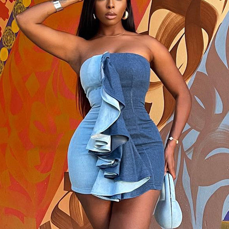 Damen Minikleid mit asymmetrischem Volant und strapazierfähigem Denim WOLFF