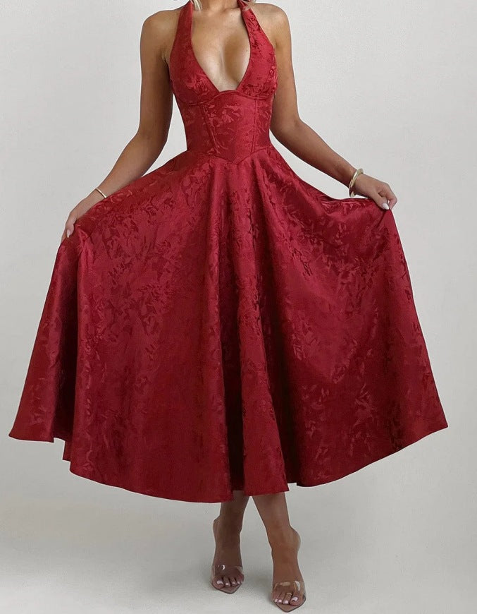 Damen elegantes A-Linien Cocktailkleid mit tiefem V-Ausschnitt und fließendem Rock WOLFF