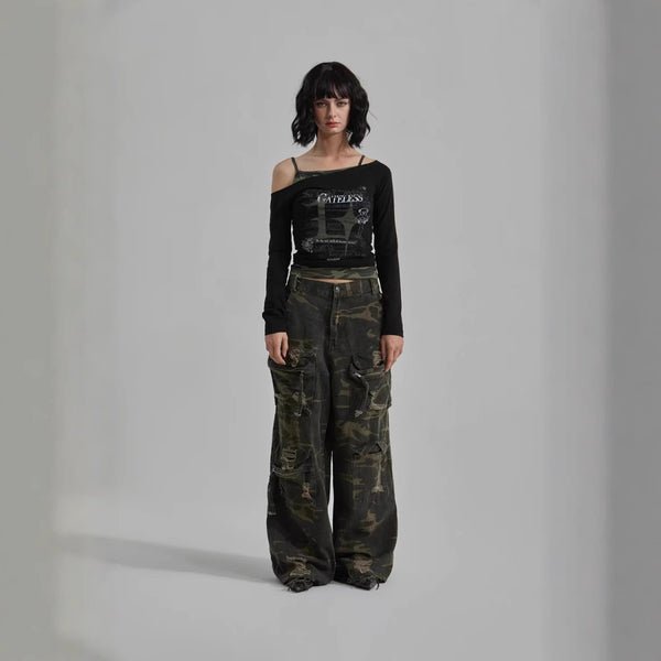 Damen Crop-Top mit asymmetrischem Design und künstlerischem Print WOLFF