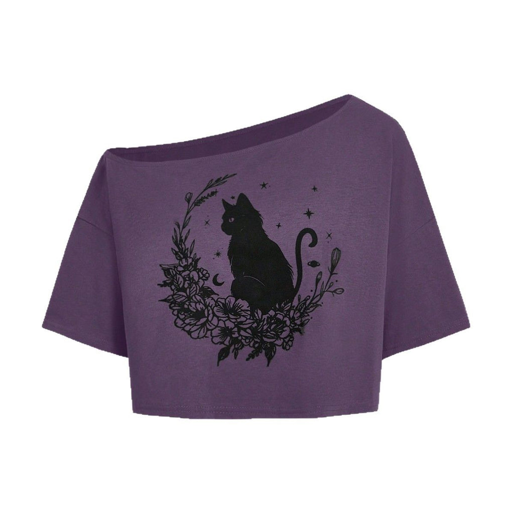 Damen Crop-Top mit kreativem Katzenmotiv und floralem Design WOLFF