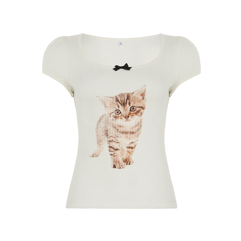 Damen T-Shirt mit süßem Katzenmotiv und Puffärmeln WOLFF