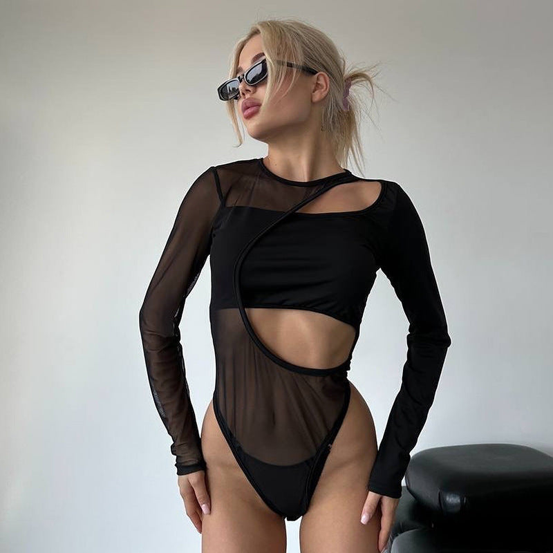 Damen Bodysuit mit transparentem Mesh und asymmetrischem Design WOLFF