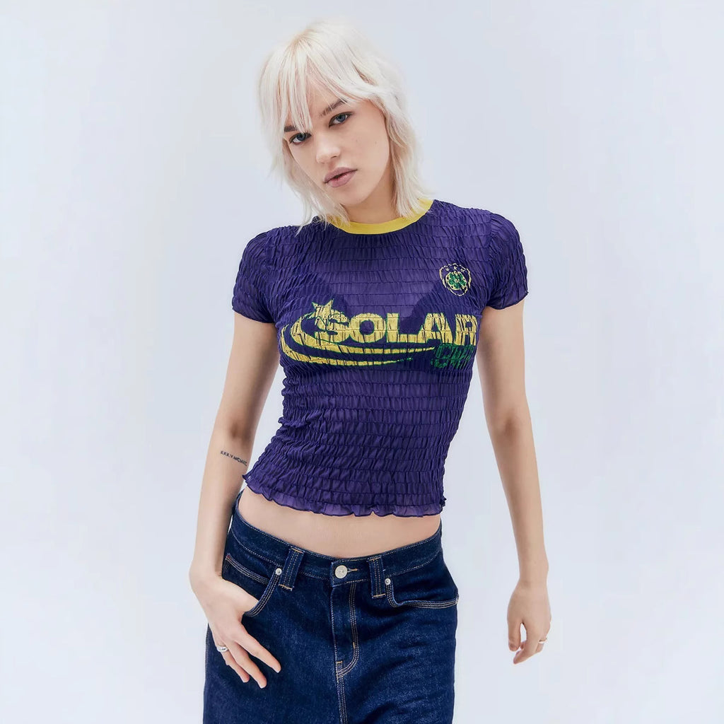 Damen figurbetontes T-Shirt mit elastischem Rüschendesign und kreativem Grafikdruck WOLFF