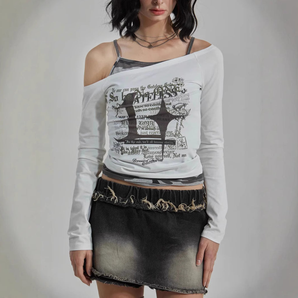 Damen Off-Shoulder Langarmshirt mit kreativem Grafikdesign WOLFF