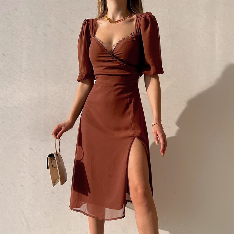 Damen elegantes Maxikleid mit trendigen Puffärmeln und hohem Schlitz WOLFF