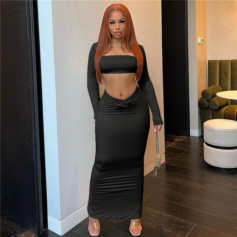 Damen 2-teiliges Set mit hochgeschlossenem Crop-Top und figurbetontem, langem Rock WOLFF