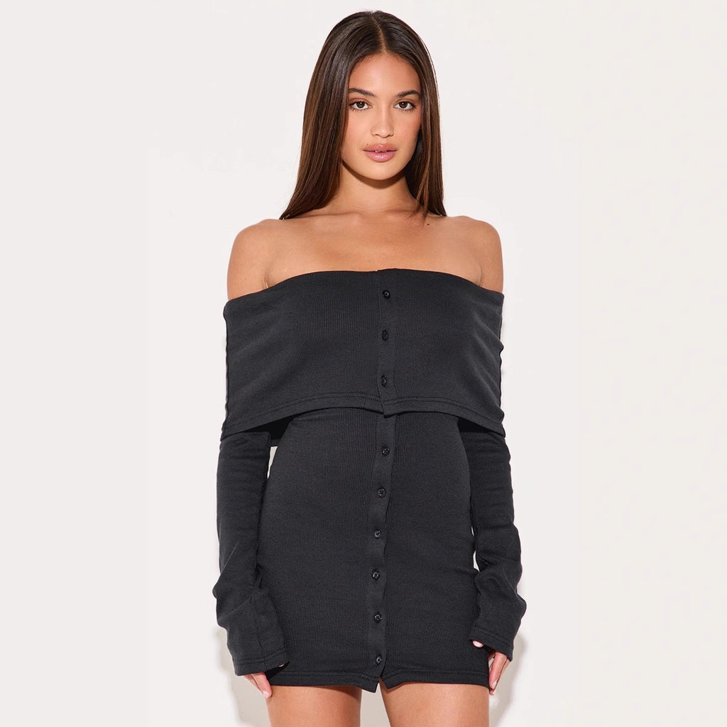 Damen Off-Shoulder Minikleid mit Langarm und Knopfdetails WOLFF