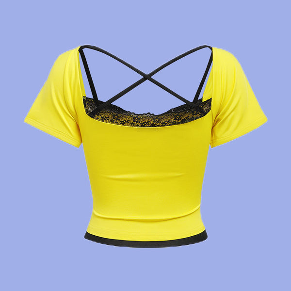 Damen Crop-Top mit einzigartigem Skelett-Design und dekorativen Spitzenelementen WOLFF