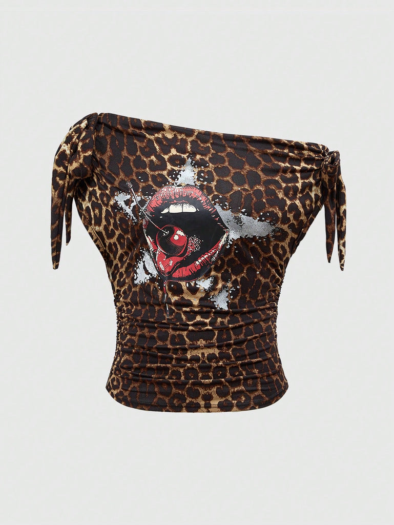 Damen Crop-Top mit innovativem Off-Shoulder-Design und animalischem Print WOLFF