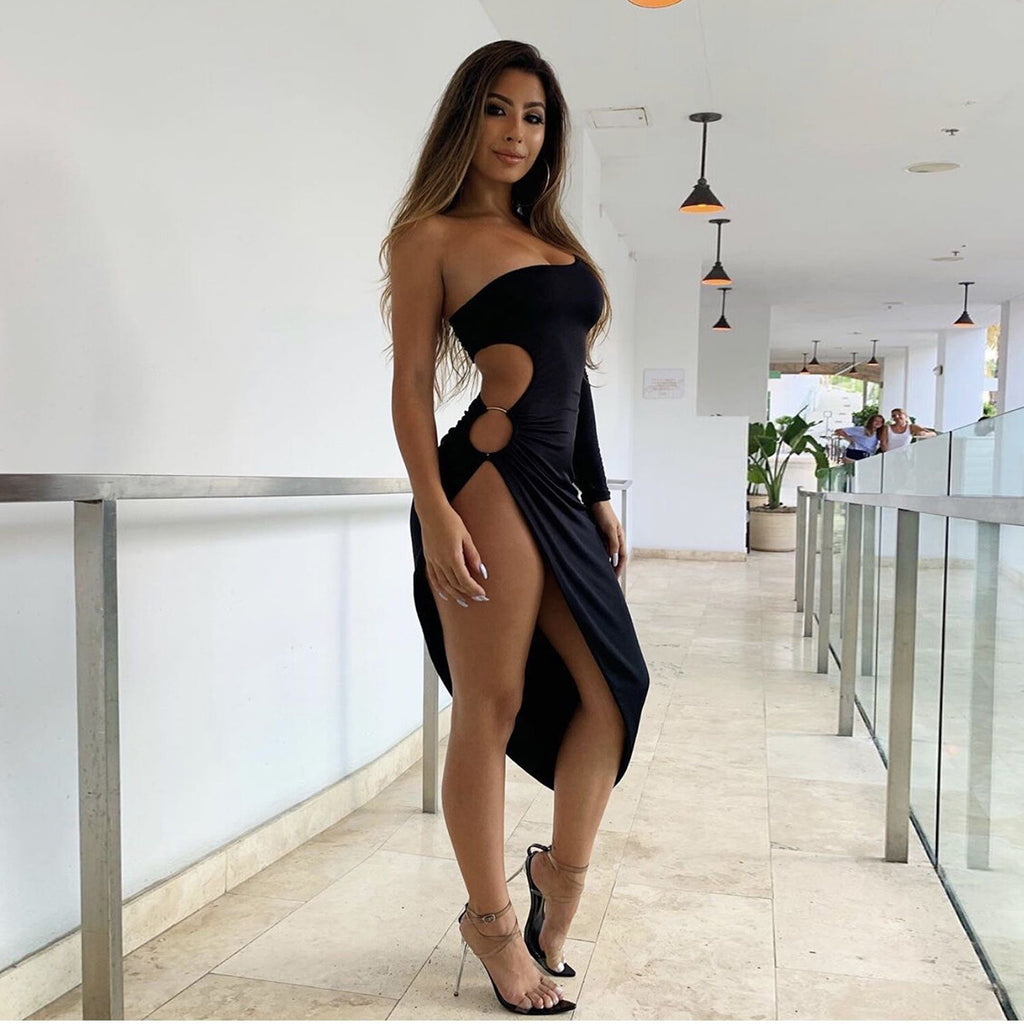 Damen asymmetrisches Cut-Out Maxikleid mit Langarm und hohem Schlitz WOLFF