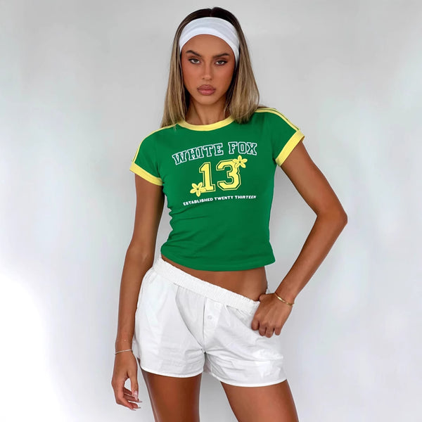 Damen Kurzarm Crop-Top mit floralem Print und sportlichem Schriftzug WOLFF