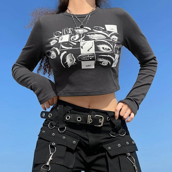Damen Langarm-Crop-Top mit kreativem Eye-Print WOLFF