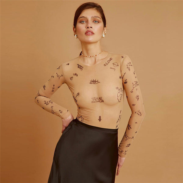 Damen Langarm-Top aus transparentem Netzstoff mit kreativen Printmustern WOLFF