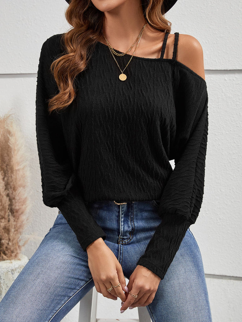 WOLFF Schwarzes Off-Shoulder langärmliges Strickoberteil