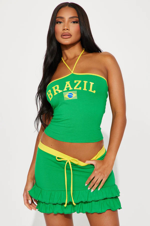 Damen Top und Rock-Set mit Brasilien-Motiv und verspielten Rüschen WOLFF
