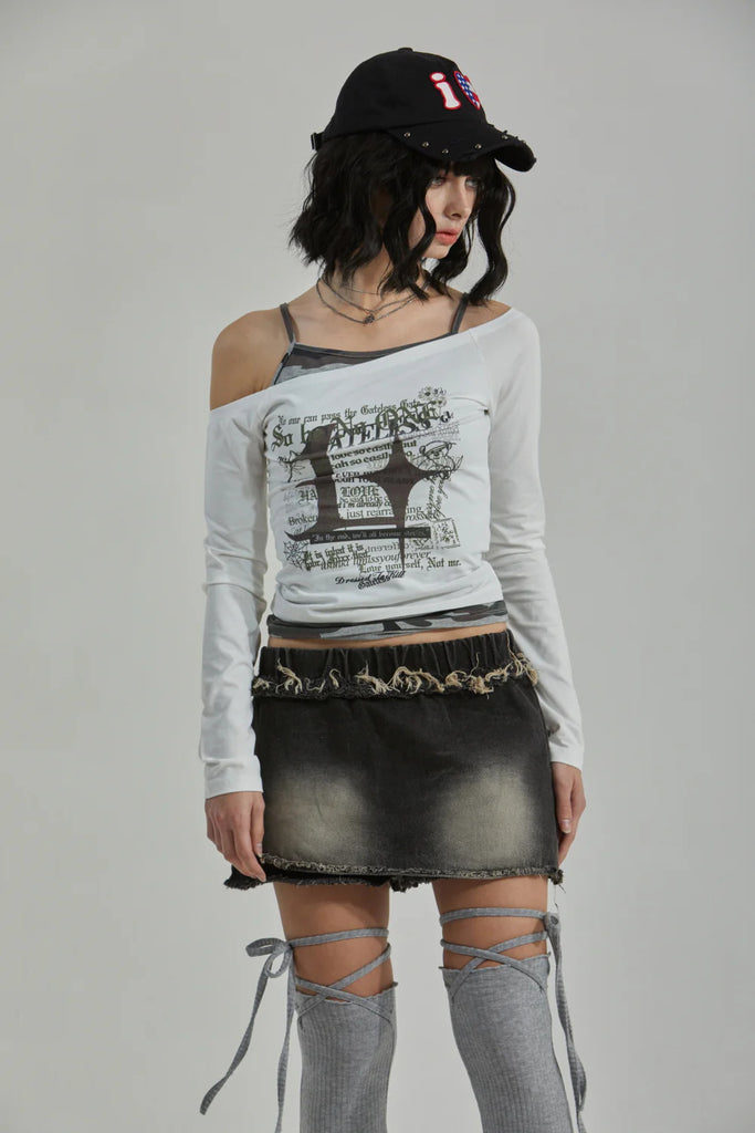Damen Off-Shoulder Langarmshirt mit kreativem Grafikdesign WOLFF
