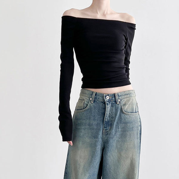 Damen figurbetontes Langarm-Oberteil mit schulterfreiem Design WOLFF