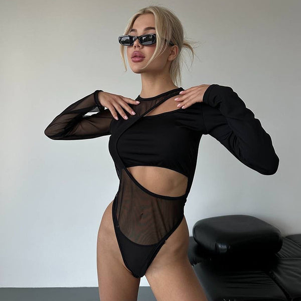 Damen Bodysuit mit transparentem Mesh und asymmetrischem Design WOLFF