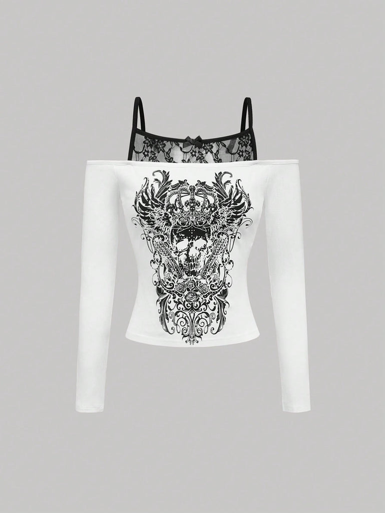 Damen Off-Shoulder Top mit feinem Spitzen-Overlay und kreativem Grafikdruck WOLFF