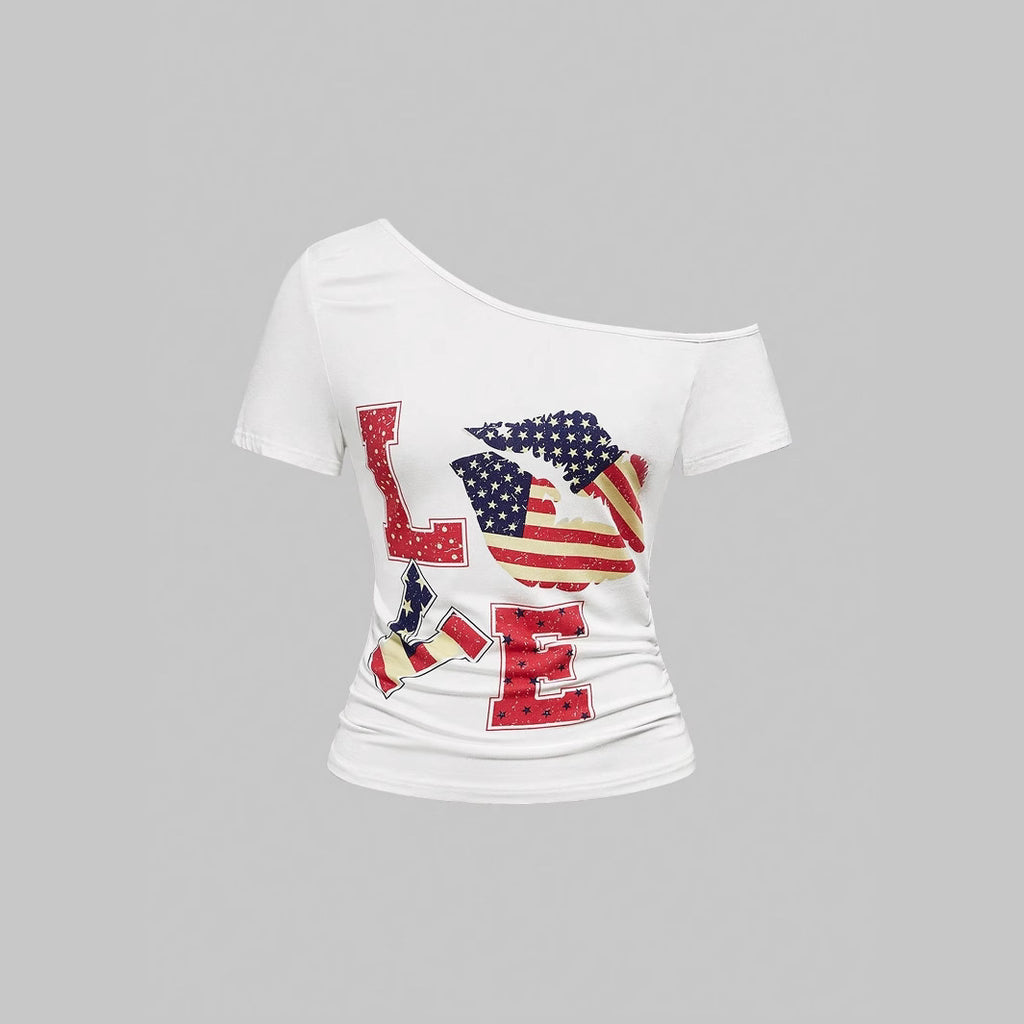 Damen off-shoulder T-Shirt mit kreativem Love-Print und flaggenmotiven WOLFF