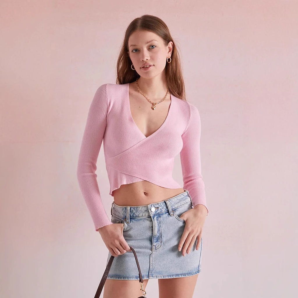 Damen Wickelshirt mit modernem Rippenstruktur und tiefem V-Ausschnitt WOLFF