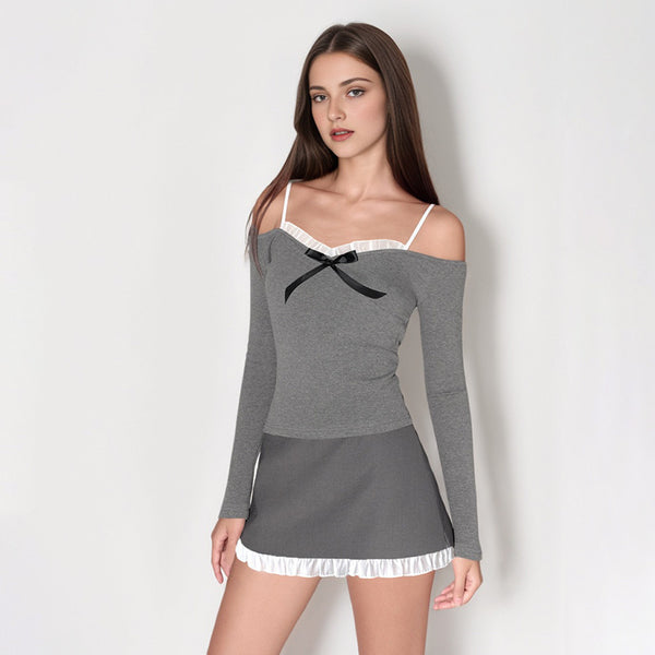 Damen Off-Shoulder Langarmshirt mit Rüschendetail und Schleife WOLFF