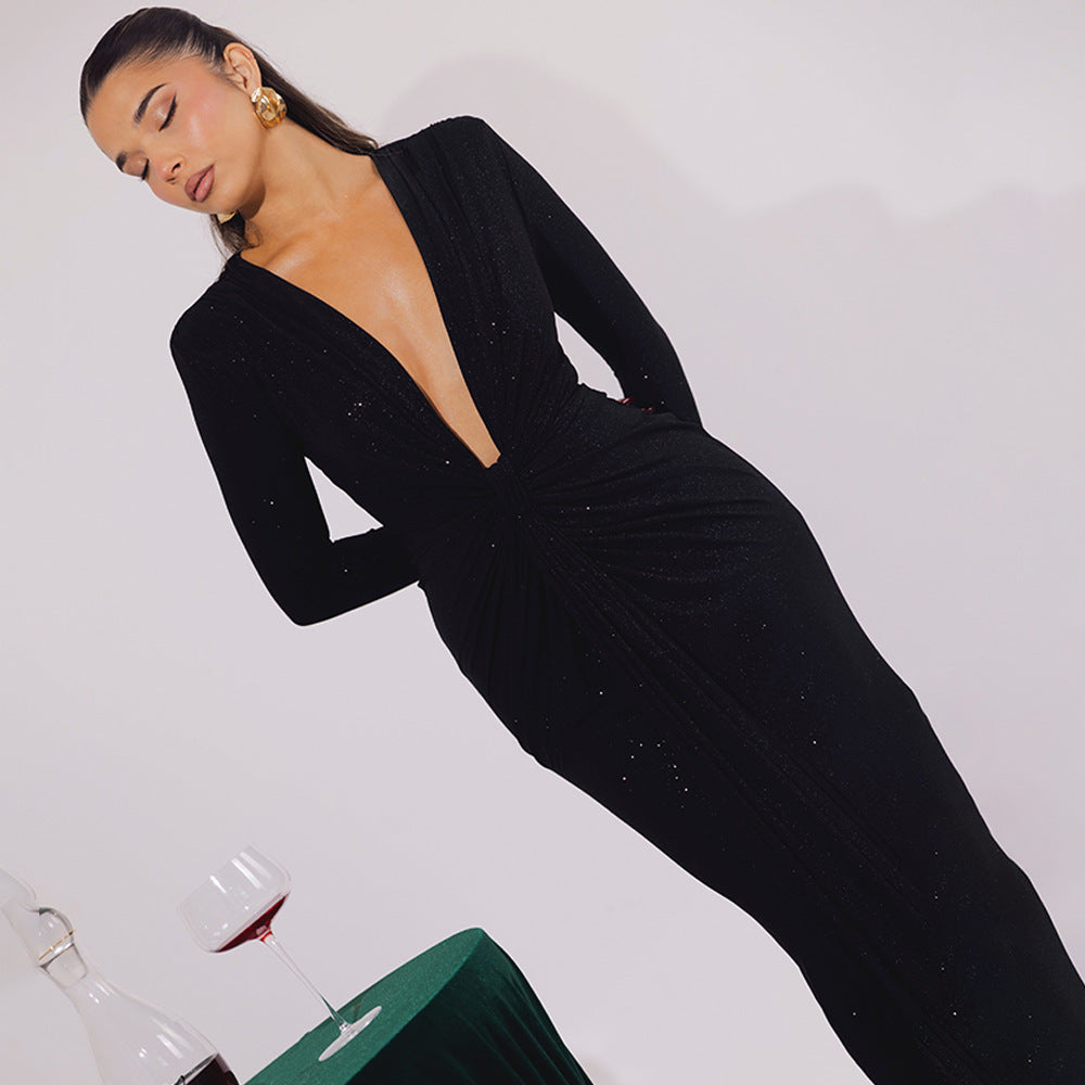 Damen bodenlanges glamouröses Kleid mit tiefem V-Ausschnitt und raffinierten Drapierungen WOLFF