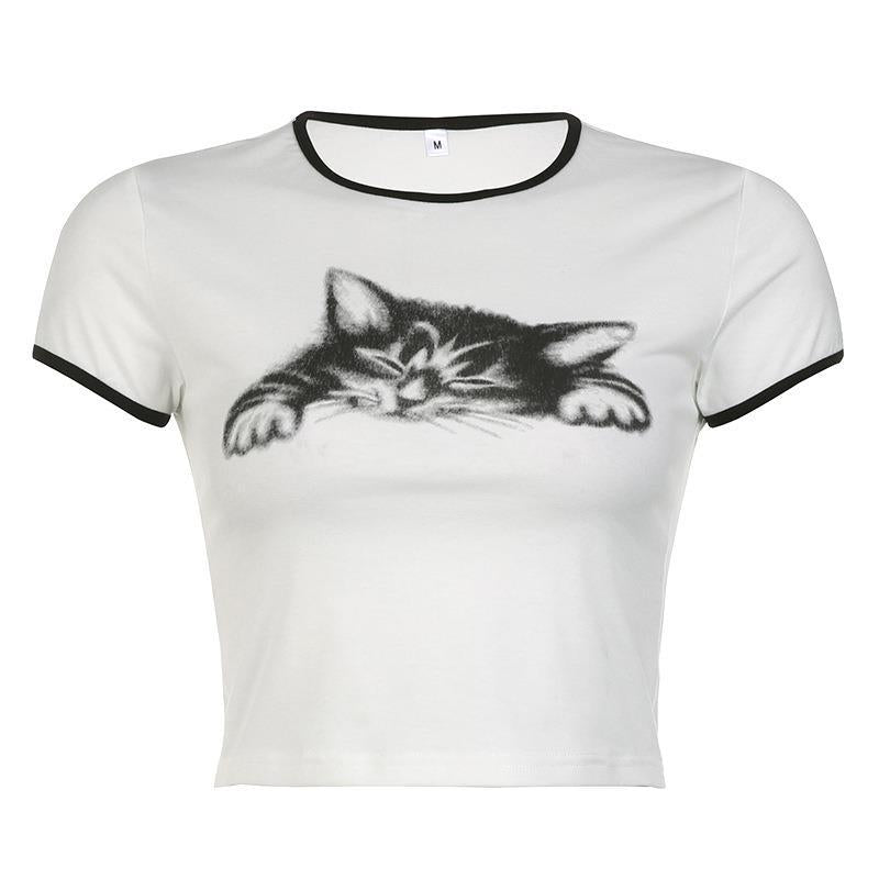 Damen kurzärmeliges T-Shirt mit kreativem Katzenmotiv und kontrastierenden Details WOLFF
