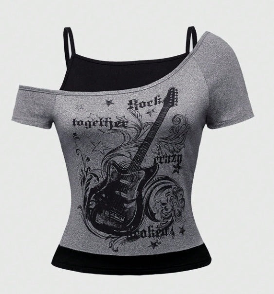 Damen Off-Shoulder T-Shirt mit kreativem Gitarren-Print WOLFF