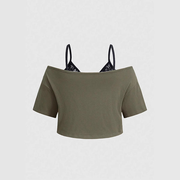 Damen Off-Shoulder Crop-Top mit kreativem Grafikdruck und verstellbaren Trägern WOLFF