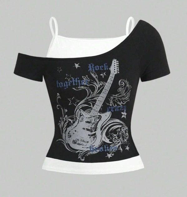 Damen Off-Shoulder T-Shirt mit kreativem Gitarren-Print WOLFF