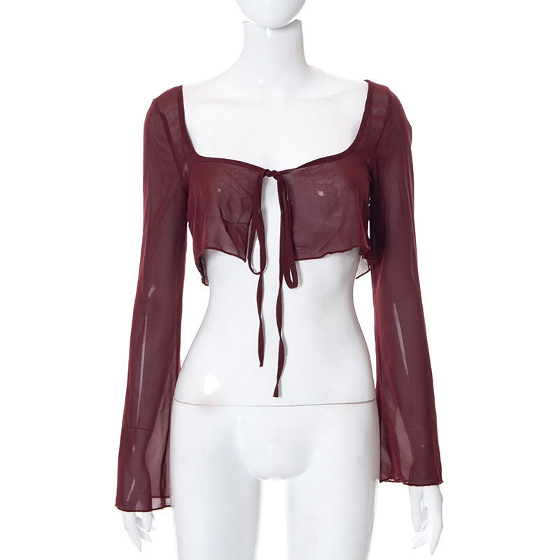 Damen Crop-Top mit transparenten langen Ärmeln und verspielten Bindebändern WOLFF