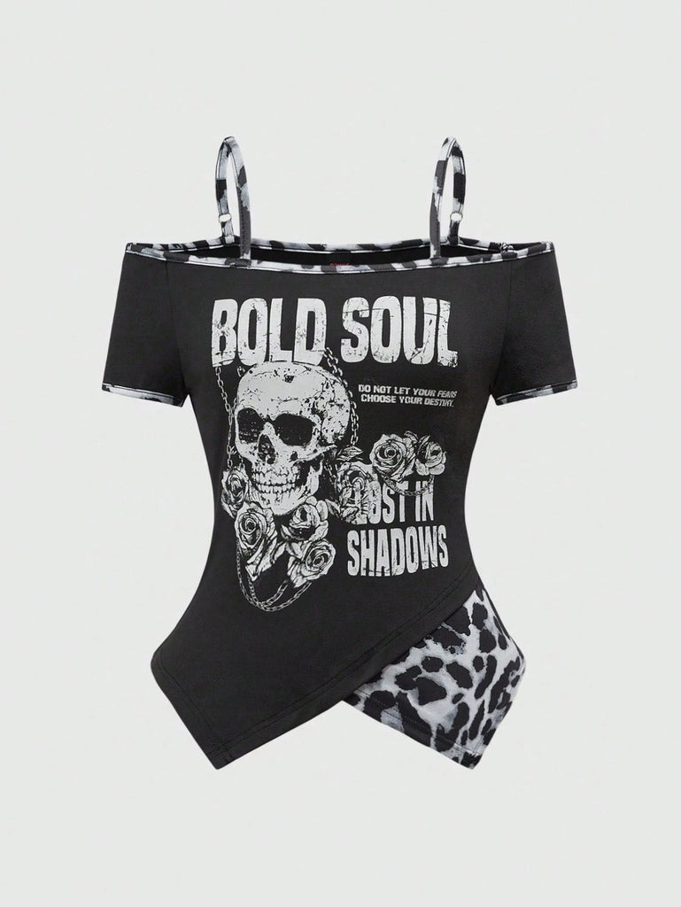 Damen Crop-Top mit einzigartigem Skelett-Print und asymmetrischem Design WOLFF