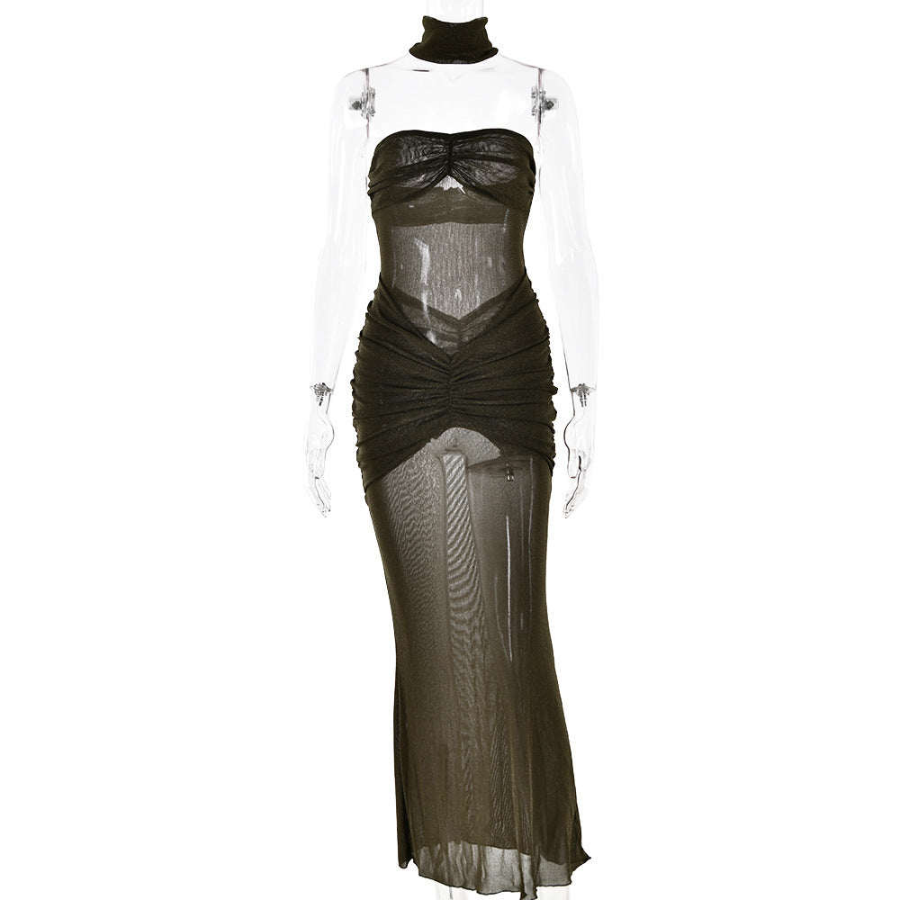 Damen Transparentes Maxikleid mit raffinierten Raffungselementen und Hohem Kragen WOLFF