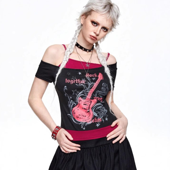 Damen Off-Shoulder T-Shirt mit kreativem Gitarren-Print WOLFF