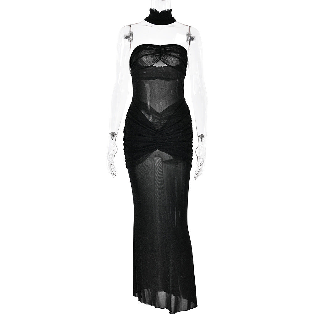 Damen Transparentes Maxikleid mit raffinierten Raffungselementen und Hohem Kragen WOLFF
