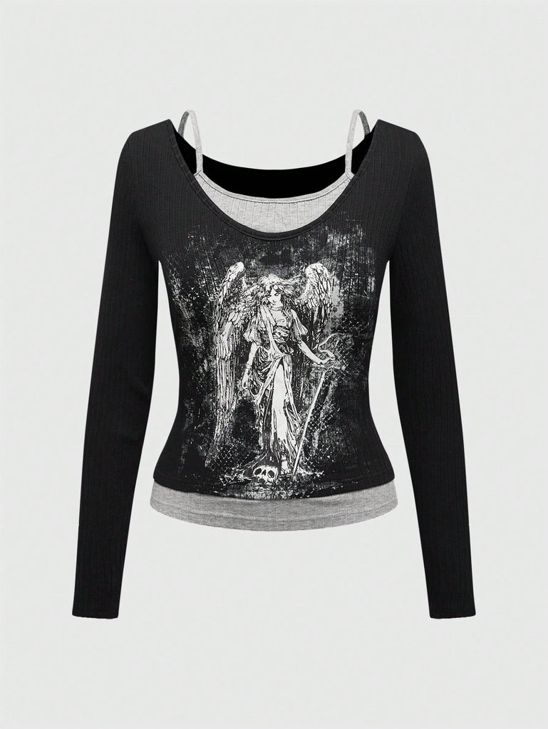 Damen Off-Shoulder Top mit feinem Spitzen-Overlay und kreativem Grafikdruck WOLFF