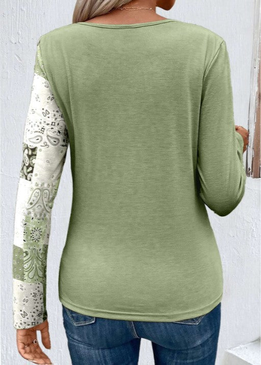 WOLFF Bedrucktes Patchwork Langarm-Strick-T-Shirt