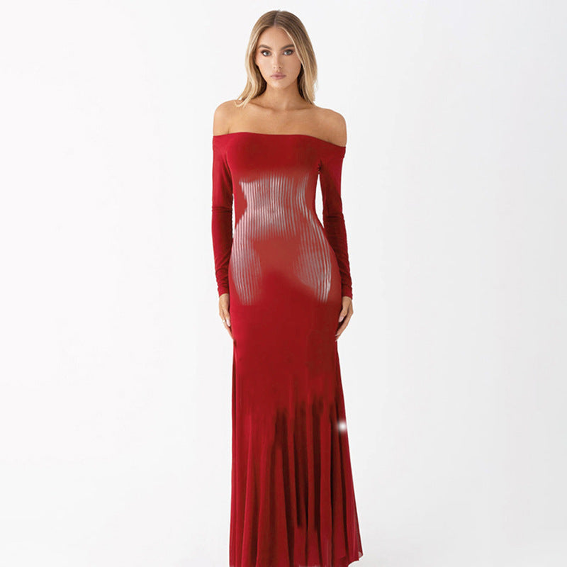 Damen Elegantes Off-Shoulder Maxikleid mit figurformendem Schnitt und raffinierten Längsstreifen WOLFF