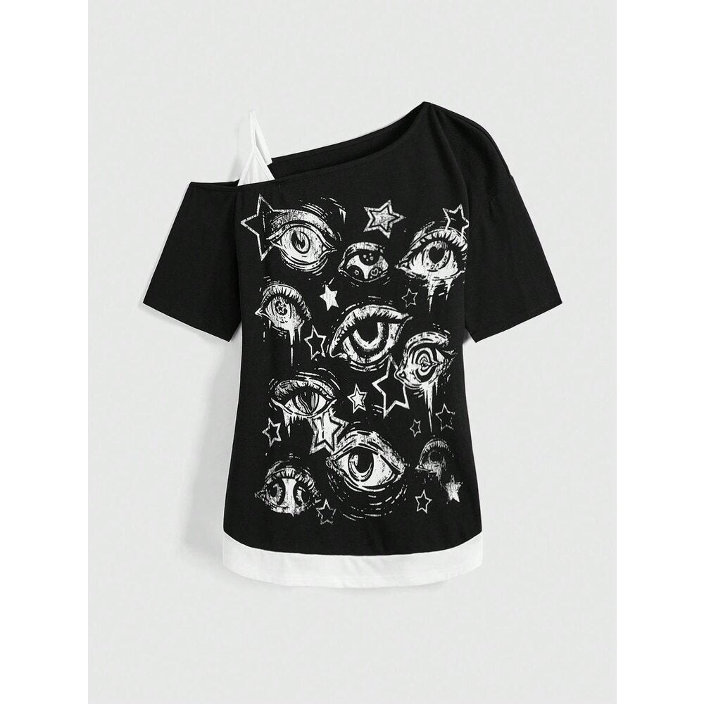 Damen Trendy T-Shirt mit asymmetrischem Design und kreativem Grafikdruck WOLFF