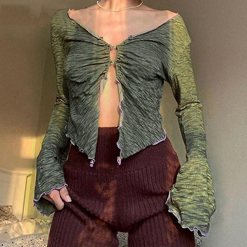 Damen cropped Longsleeve Oberteil mit innovativem Ausschnitt und Rüschendetails WOLFF