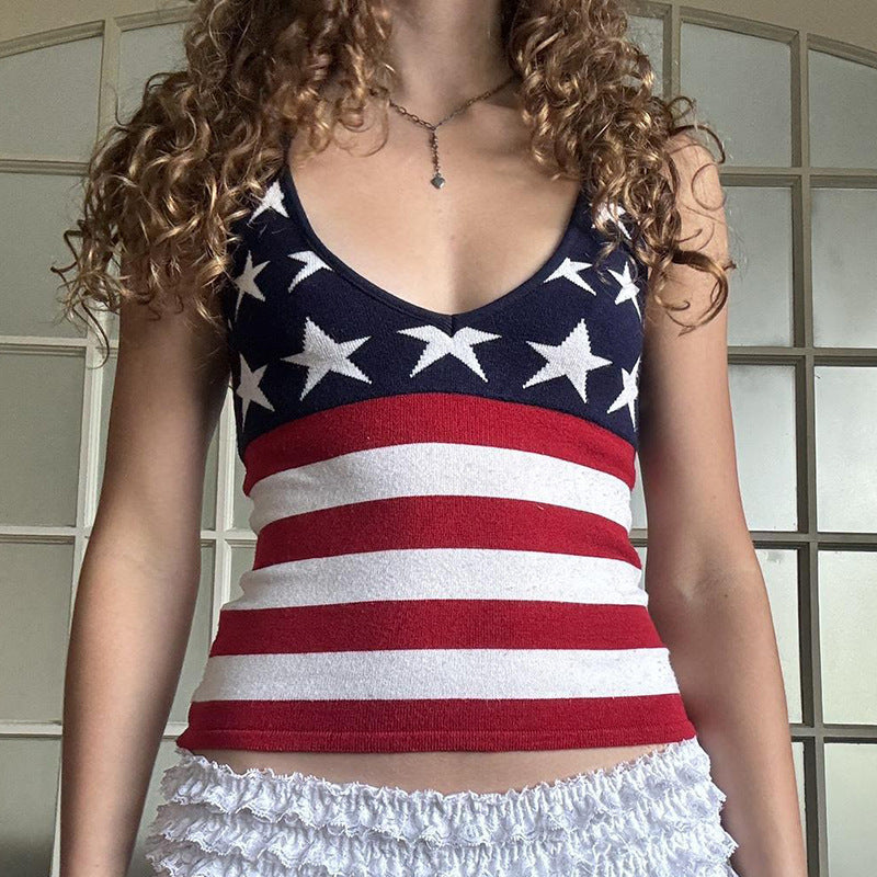 Damen Sportliches V-Ausschnitt Tanktop mit patriotischem Sternen- und Streifendruck WOLFF