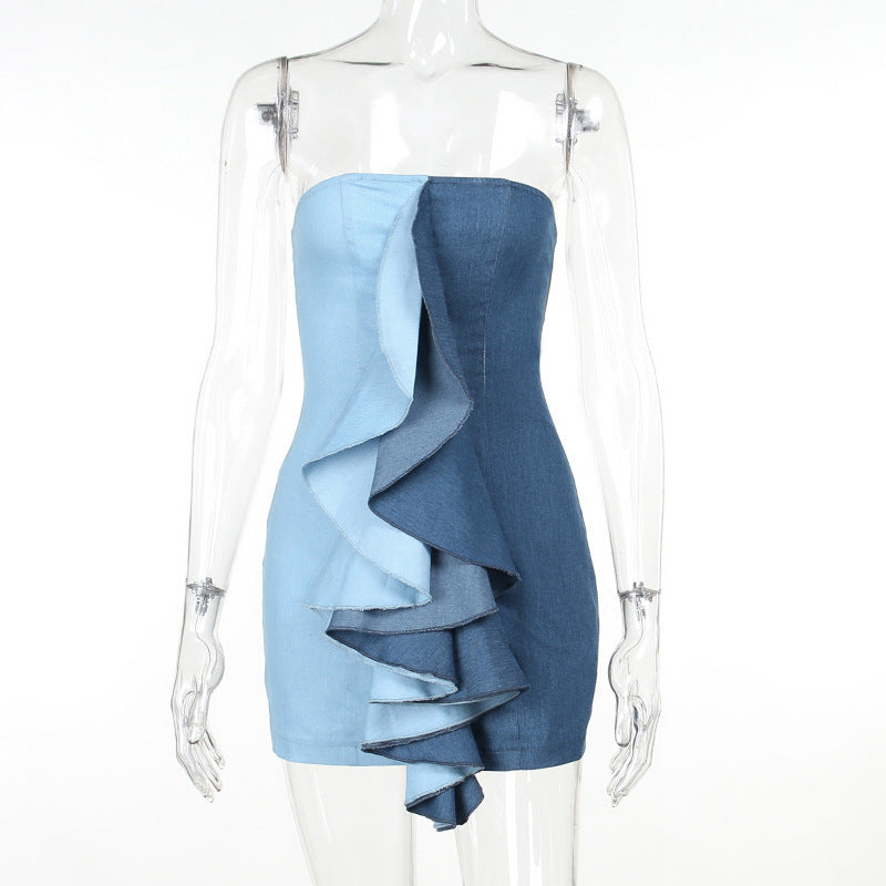 Damen Minikleid mit asymmetrischem Volant und strapazierfähigem Denim WOLFF