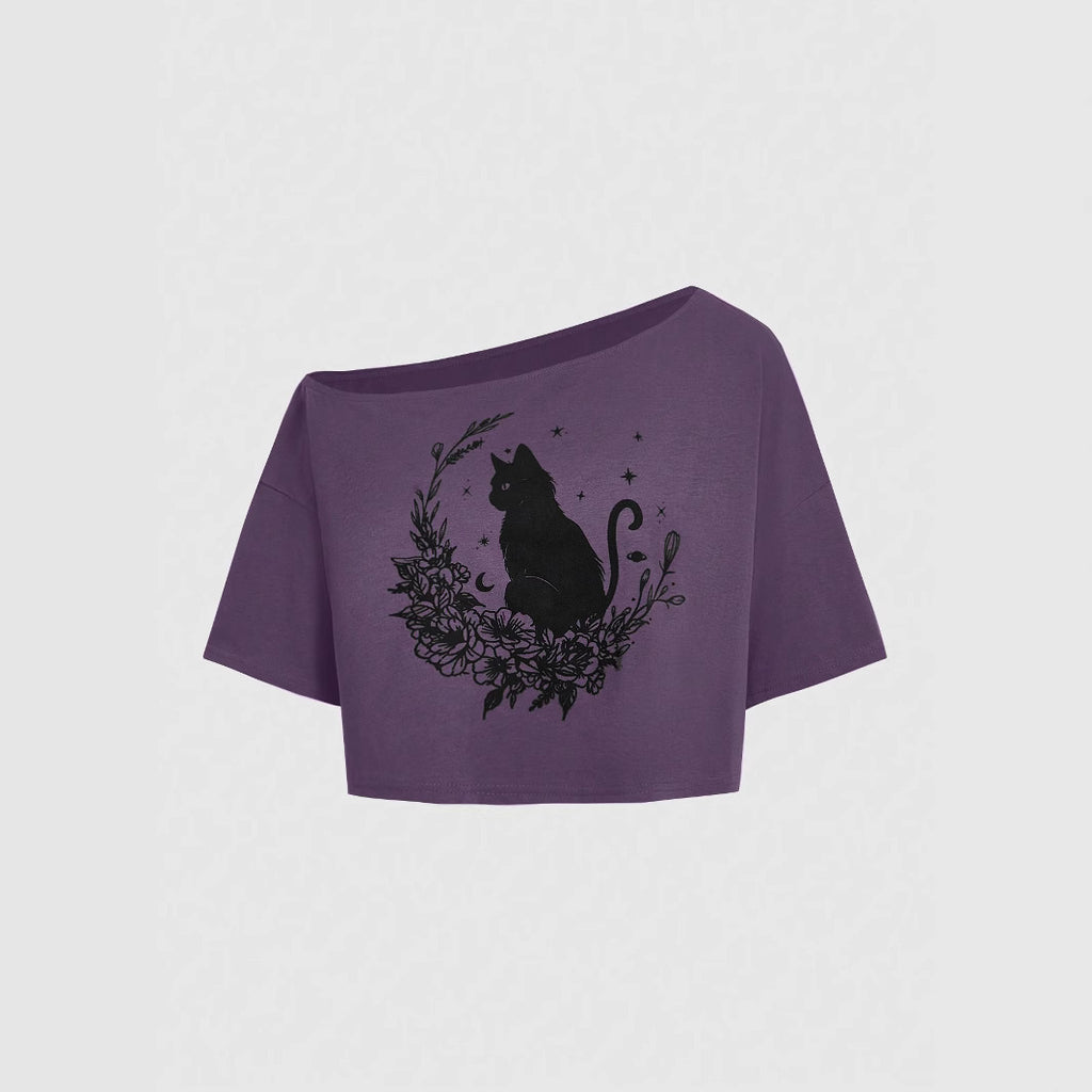 Damen Crop-Top mit kreativem Katzenmotiv und floralem Design WOLFF