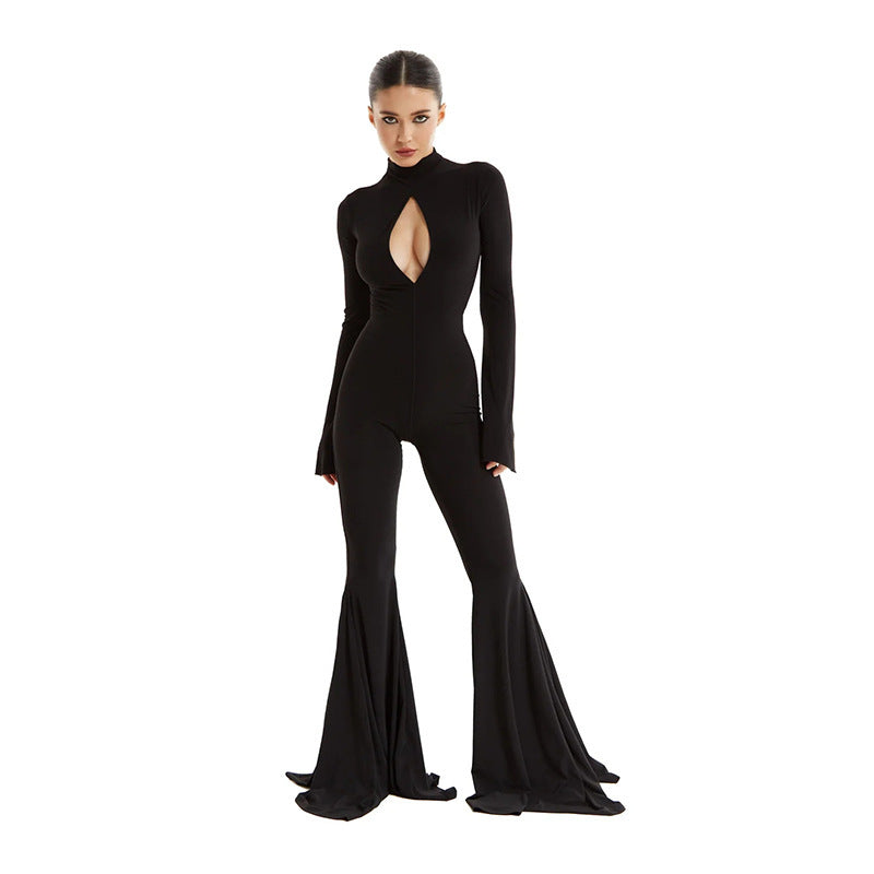 Damen Eleganter Flared Jumpsuit mit tiefem Ausschnitt und langen Ärmeln WOLFF
