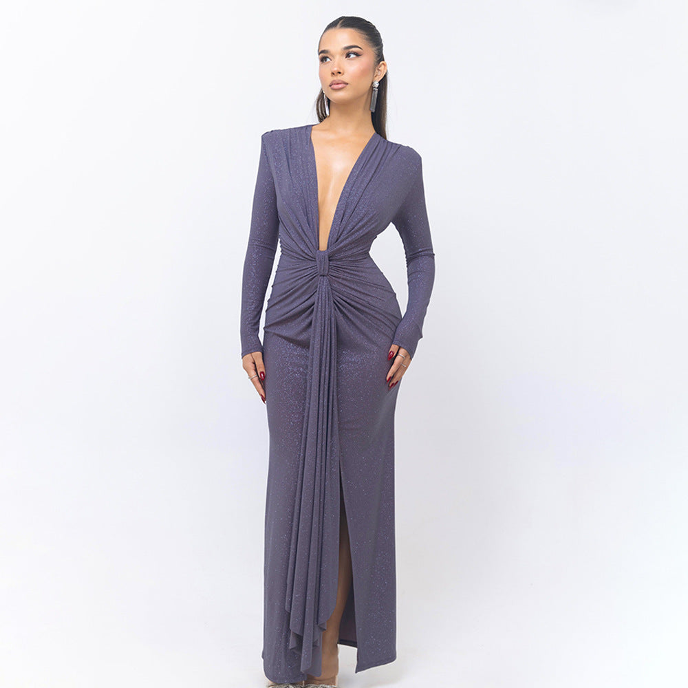 Damen bodenlanges glamouröses Kleid mit tiefem V-Ausschnitt und raffinierten Drapierungen WOLFF