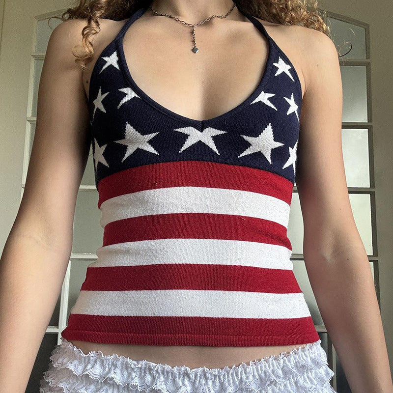 Damen Sportliches V-Ausschnitt Tanktop mit patriotischem Sternen- und Streifendruck WOLFF